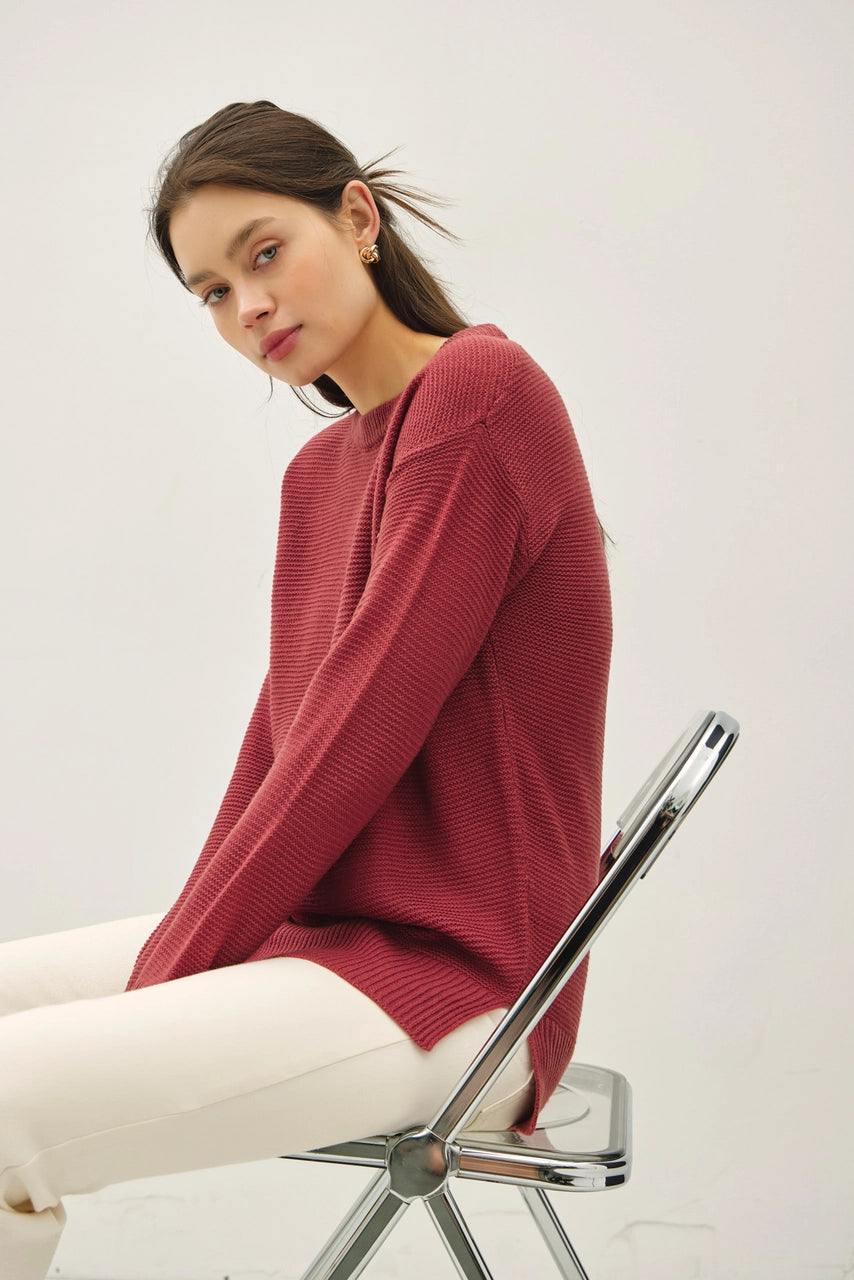 Round Neck Boyfriend Fit Sweater (Merlot)