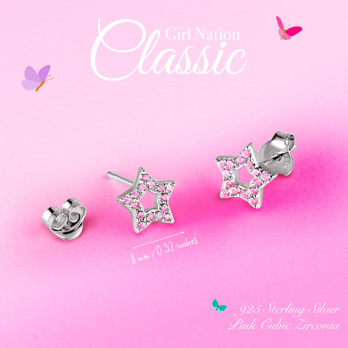Girl Nation: 925 Sterling Silver Star Earrings with Pink Cubic Zirconia