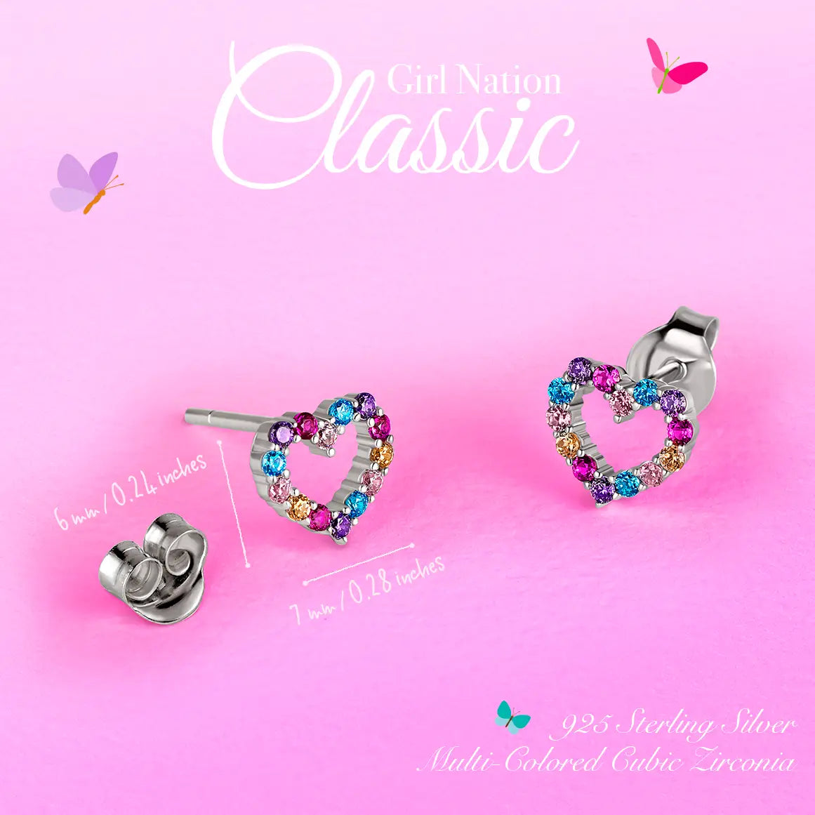 Girl Nation: 925 Sterling Silver Heart Earrings with Cubic Zirconia