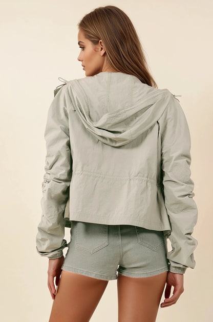 Cinched Sleeve Lightweight Hooded Jacket
