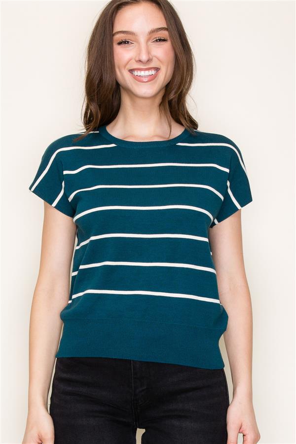 Striped Crew Neck Short Sleeve Sweater Top