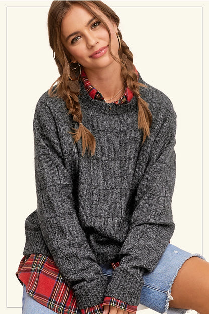 Loose Fit Windowpane Two Tone Sweater