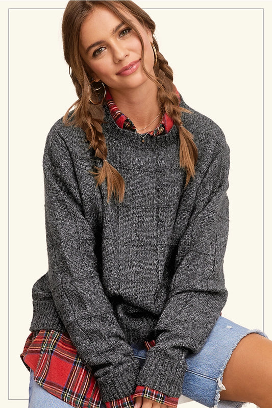 Loose Fit Windowpane Two Tone Sweater