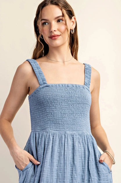 Tencel Crinkle Fabric Smocked Top Midi Dress