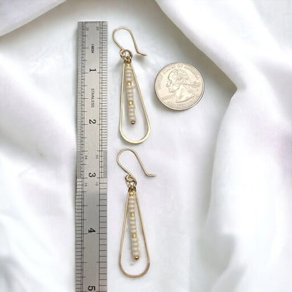 Long Gold Teardrop Hoop Earrings with Pearl Seed Beads