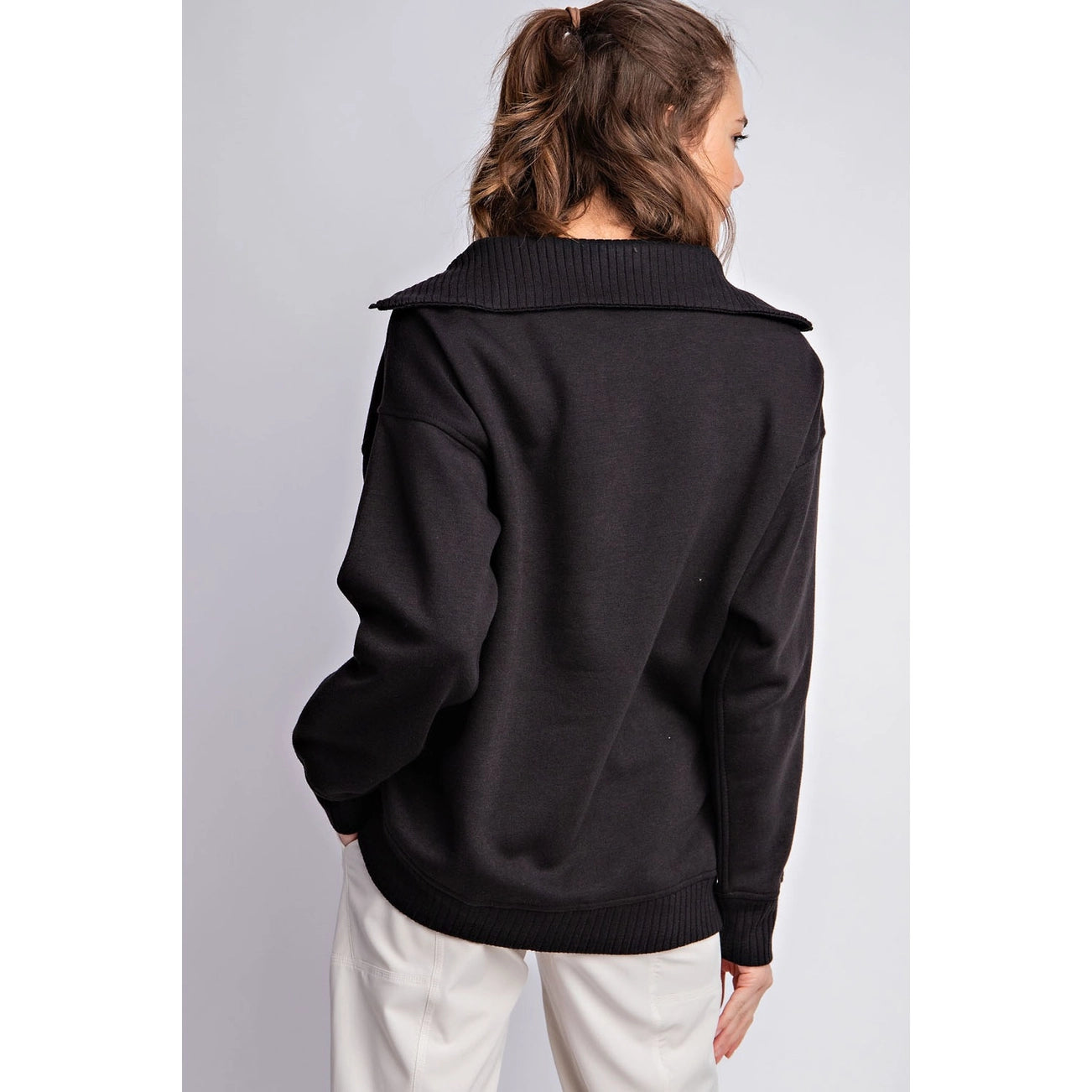 French Terry Ribbed Mock Neck Pullover {Black}