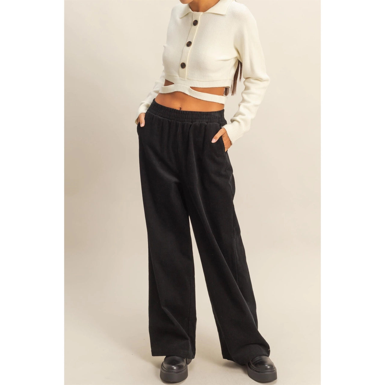Black Friday Doorbuster - Corduroy High-Waisted Wide Leg Pants (Black)