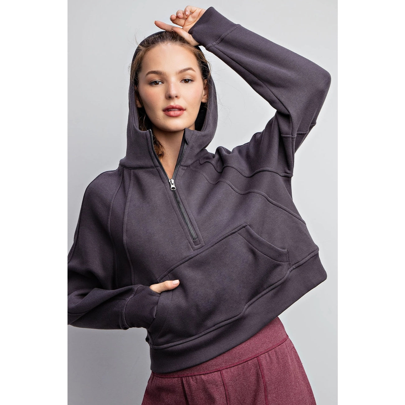 French Terry Cropped Quarter Zip Hoodie {Charcoal}