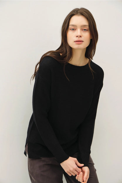 Round Neck Boyfriend Fit Sweater (Black)
