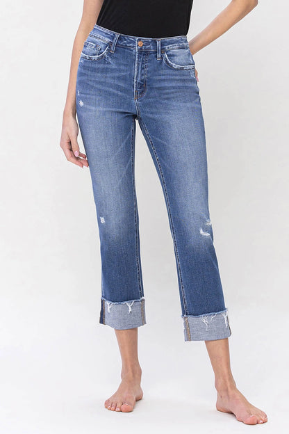 High Rise Cuffed Crop Straight Jeans