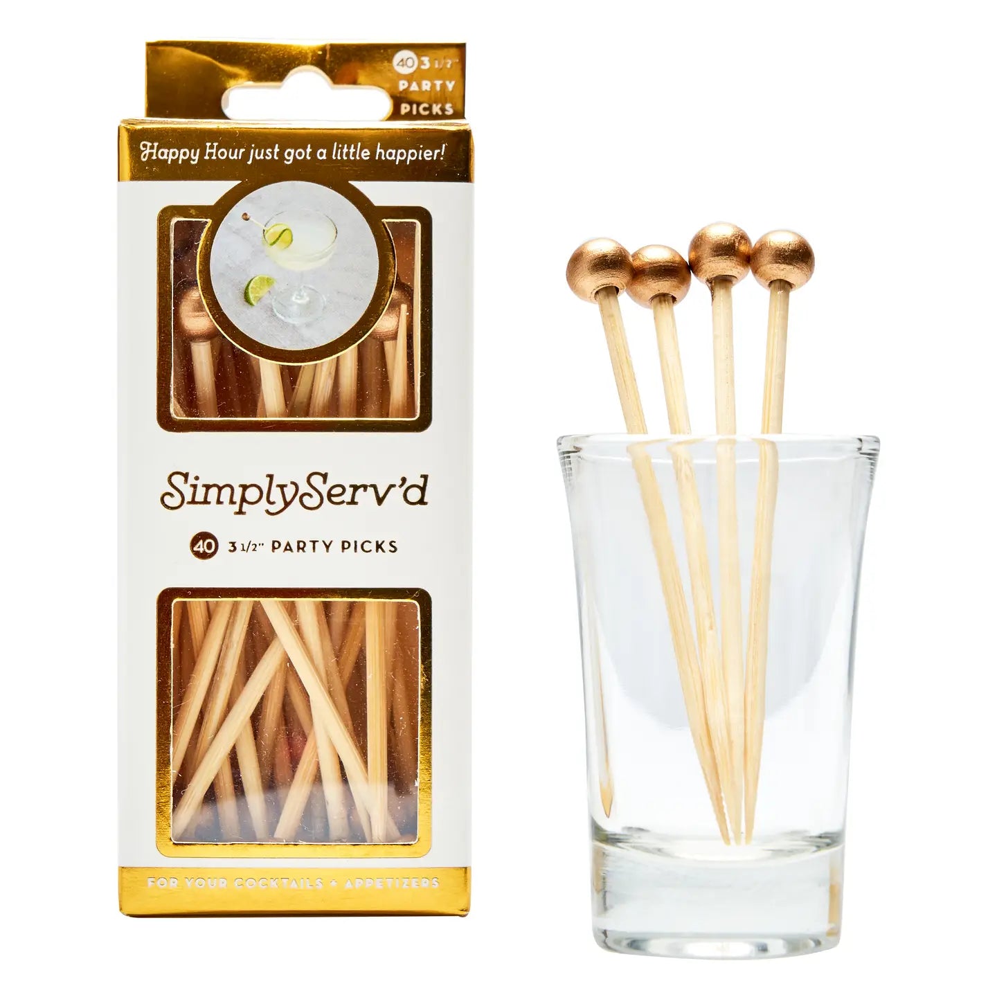 Party Pick Fancy Bamboo Toothpick Small 3.5" Gold Ball 40pk