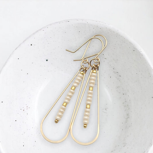 Long Gold Teardrop Hoop Earrings with Pearl Seed Beads