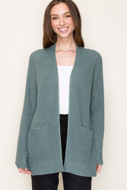 Open Front Waffle Textured Sweater Cardigan with Pockets