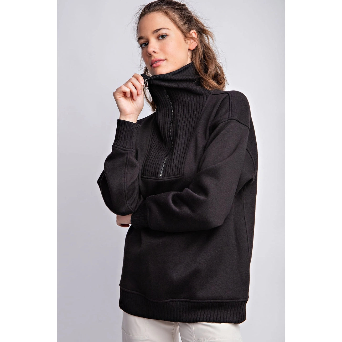 French Terry Ribbed Mock Neck Pullover {Black}