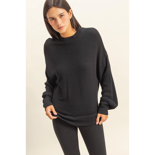 Black Friday Doorbuster - Ribbed Balloon Sleeve Top (Black)
