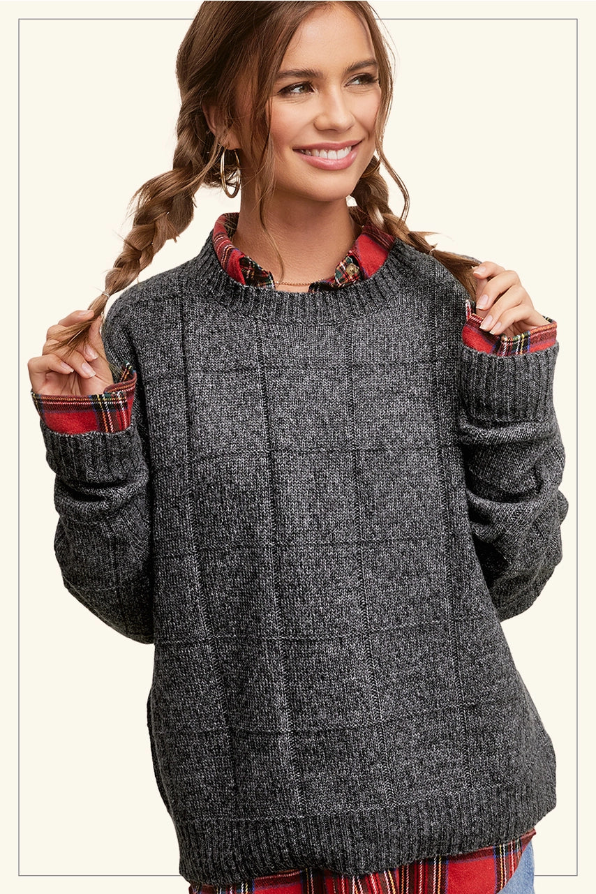 Loose Fit Windowpane Two Tone Sweater