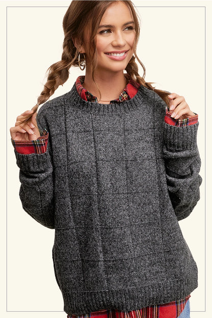 Loose Fit Windowpane Two Tone Sweater