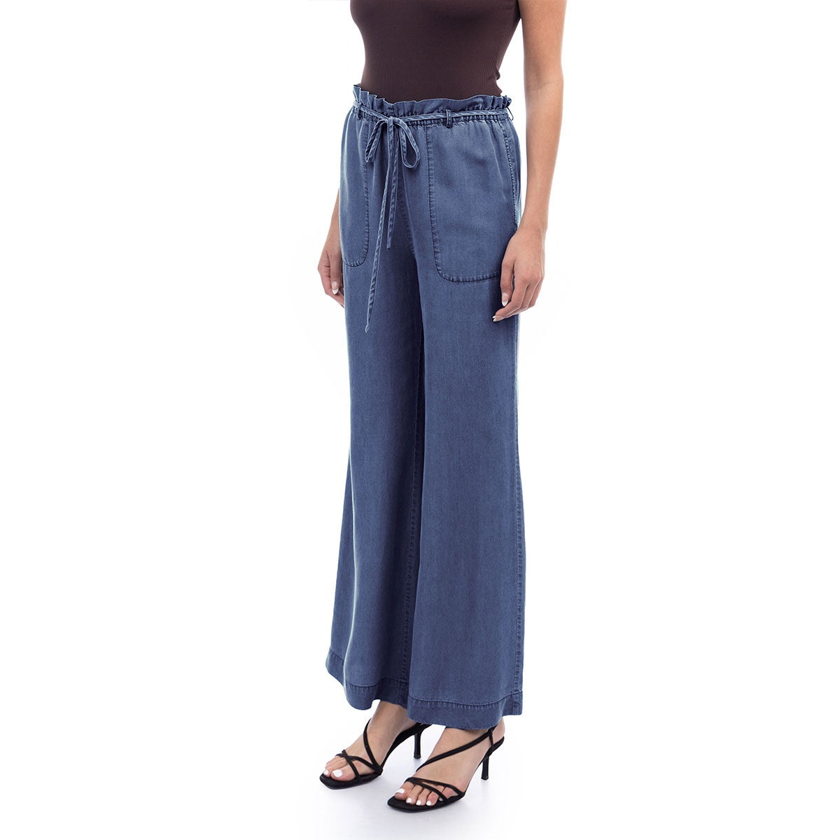 Frill Tie Waist Wide Leg Tencel Pants - Dark Blue