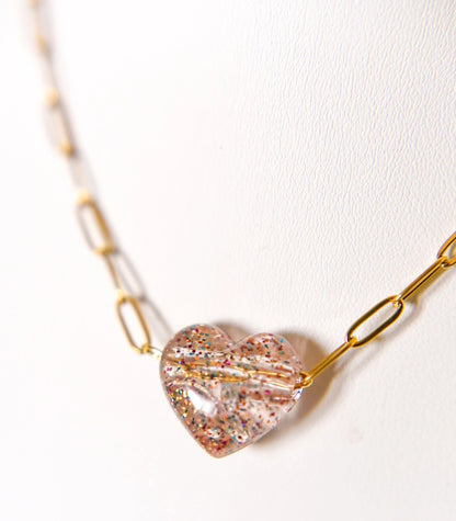 Bella Acrylic Heart Charm Paperclip Necklace