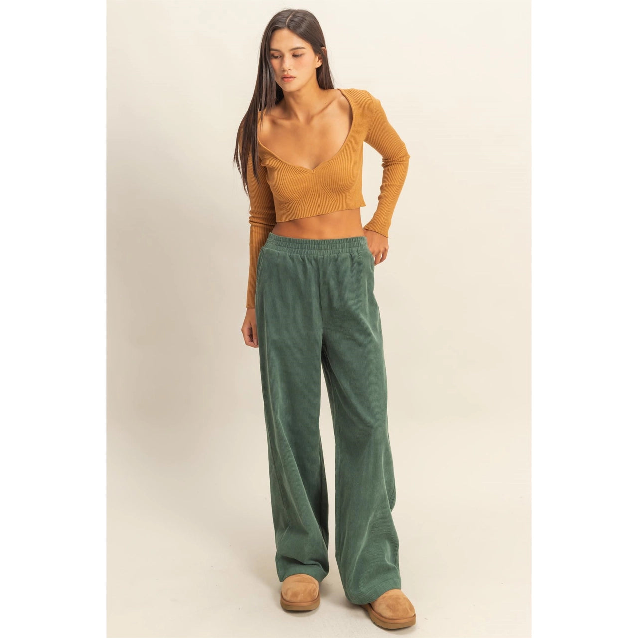 Black Friday Doorbuster - Corduroy High-Waisted Wide Leg Pants (Gray Green)