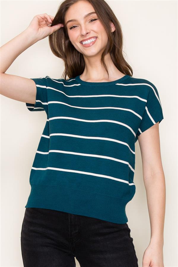 Striped Crew Neck Short Sleeve Sweater Top