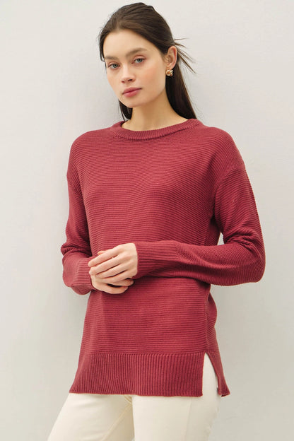 Round Neck Boyfriend Fit Sweater (Merlot)