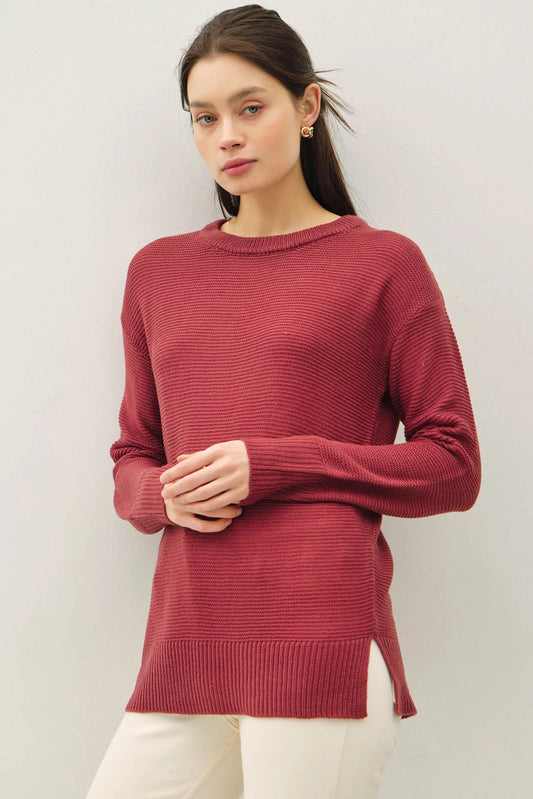 Round Neck Boyfriend Fit Sweater (Merlot)