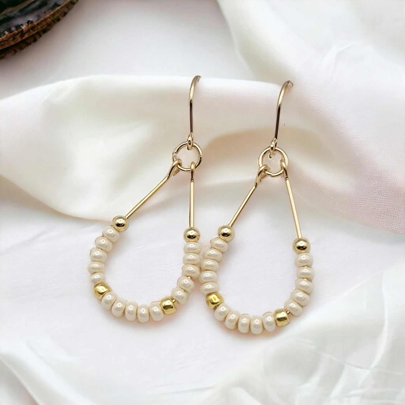 Teardrop Hoop Earrings 14k Gold Filled with Pearl Seed Beads