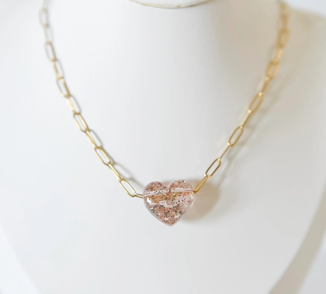 Bella Acrylic Heart Charm Paperclip Necklace
