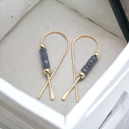 Gold Ribbon Threader Earrings with Purple Seed Beads