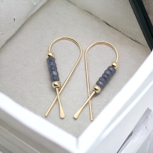 Gold Ribbon Threader Earrings with Purple Seed Beads