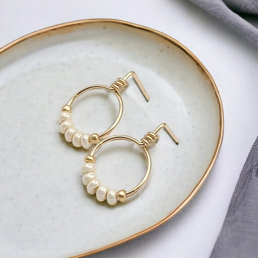 Gold & Pearl Beaded Hoop Stud Earrings