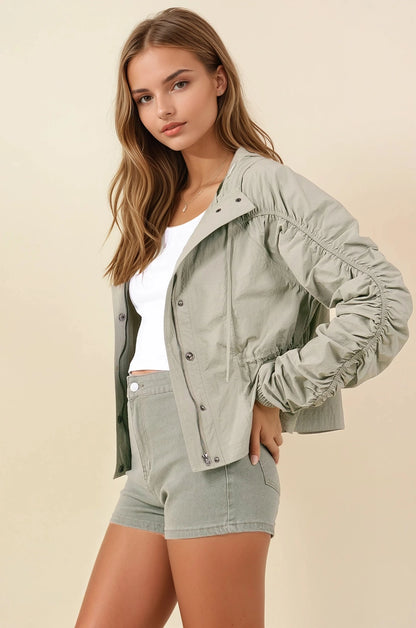 Cinched Sleeve Lightweight Hooded Jacket