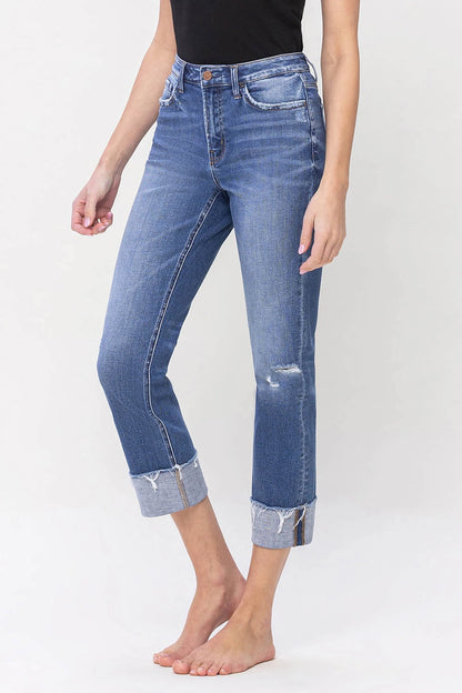 High Rise Cuffed Crop Straight Jeans