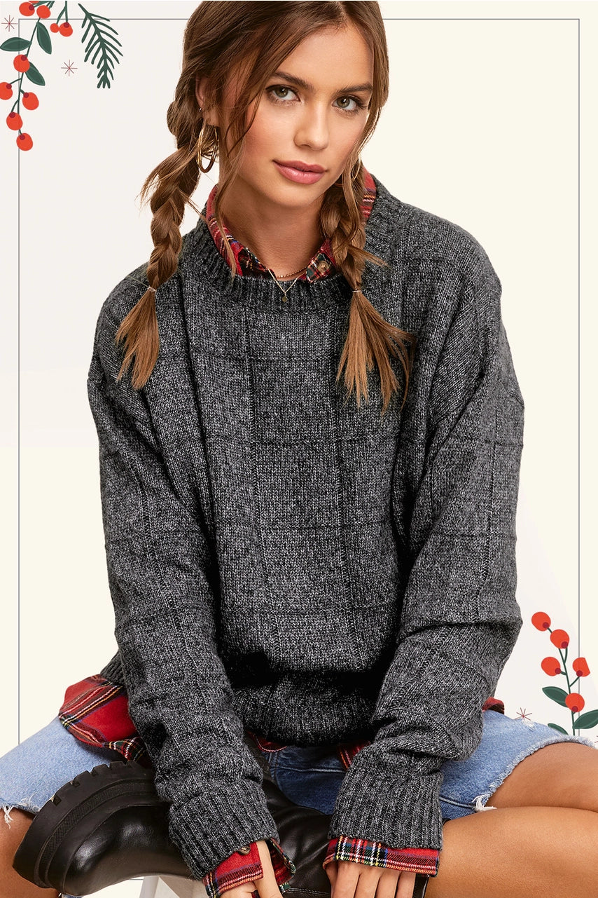 Loose Fit Windowpane Two Tone Sweater