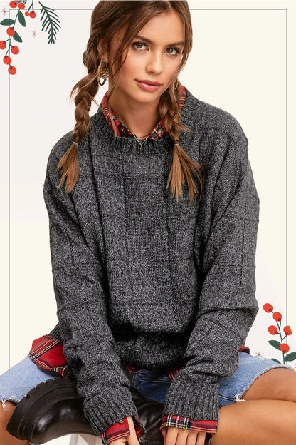 Loose Fit Windowpane Two Tone Sweater