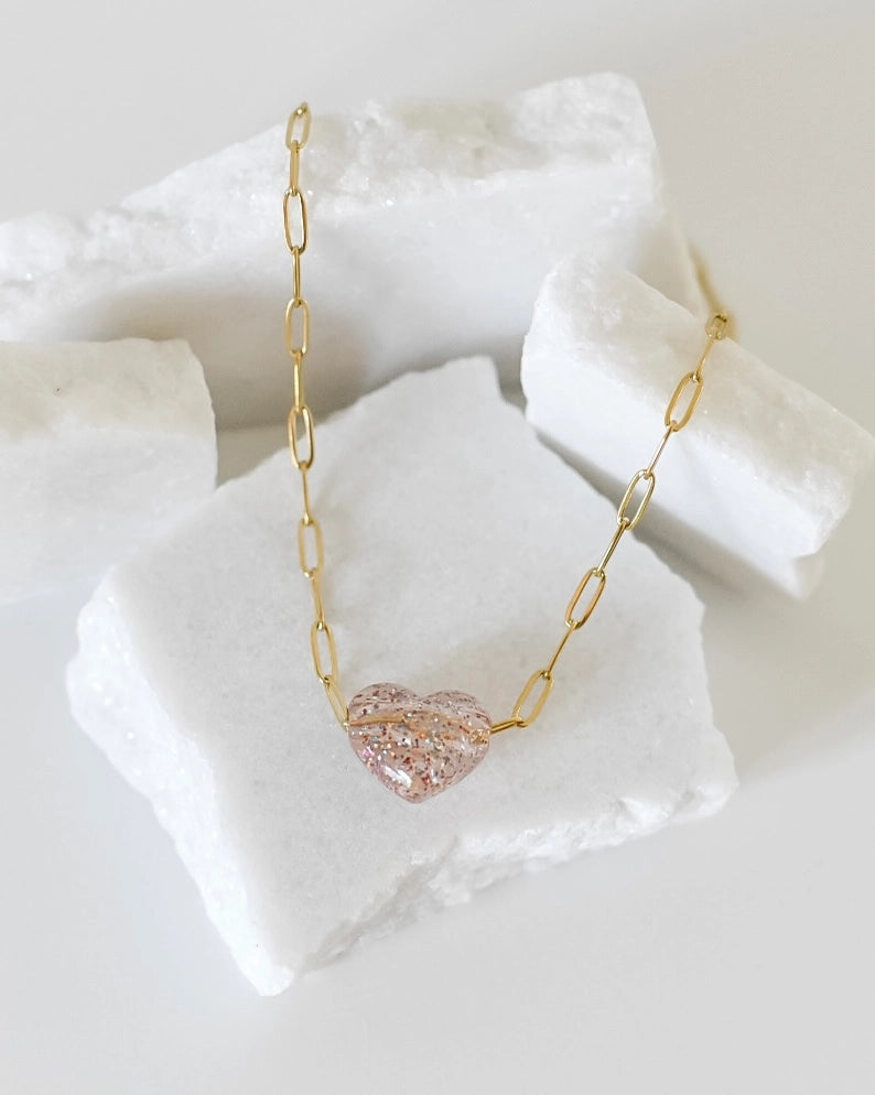 Bella Acrylic Heart Charm Paperclip Necklace