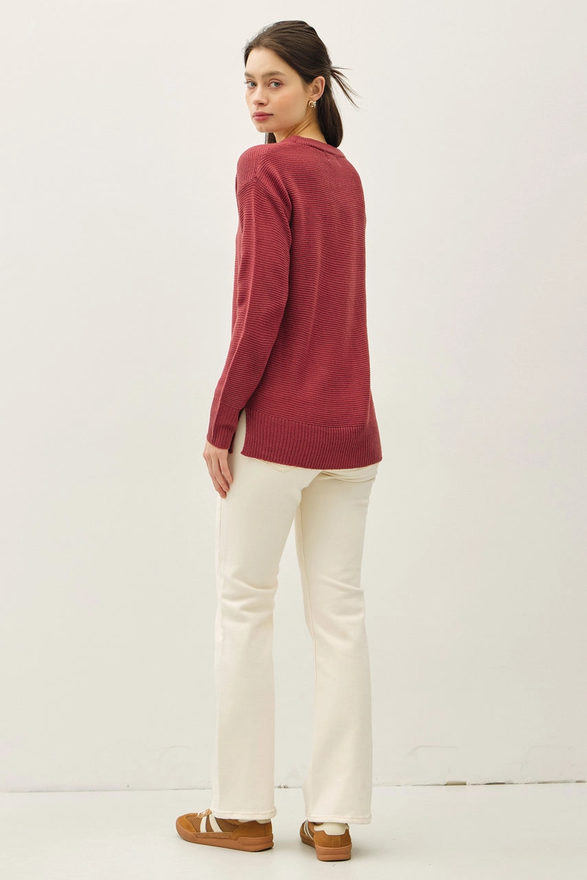 Round Neck Boyfriend Fit Sweater (Merlot)