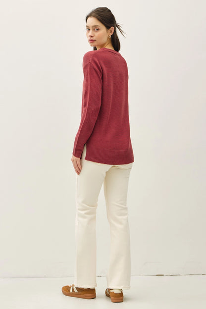 Round Neck Boyfriend Fit Sweater (Merlot)