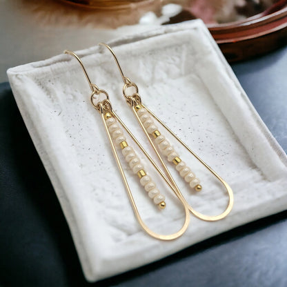 Long Gold Teardrop Hoop Earrings with Pearl Seed Beads