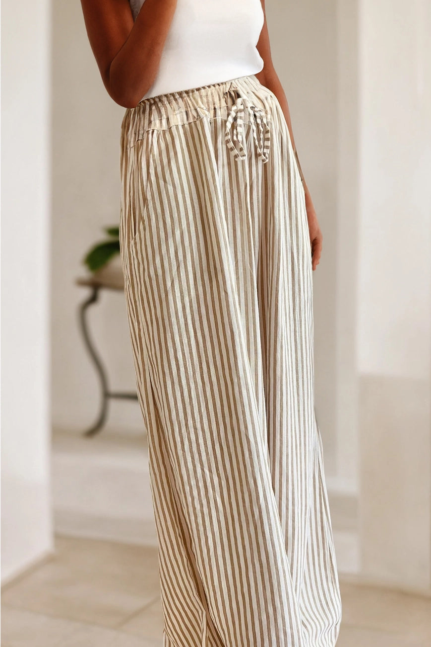 Stripe Print Drawstring High Waist Pants