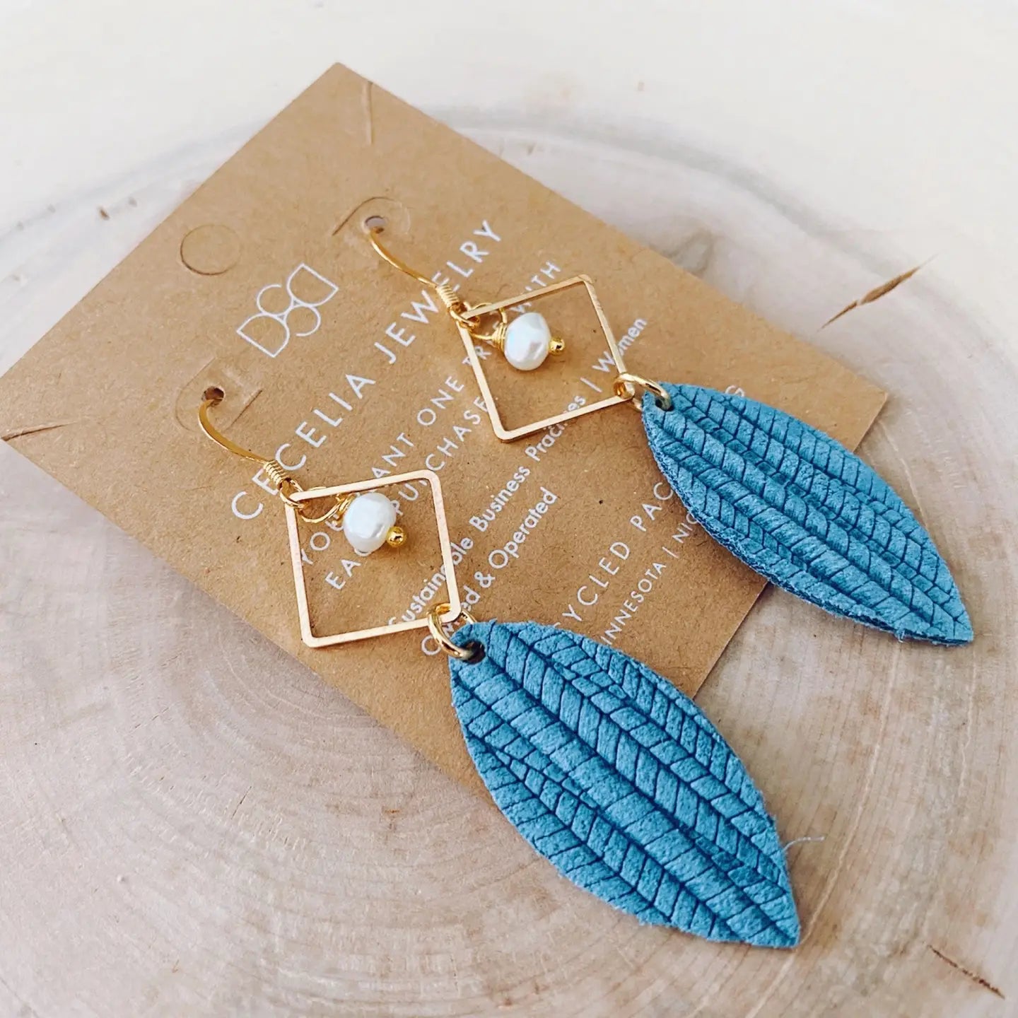 Dane Denim Teal and Pearl Diamond Leather Earrings