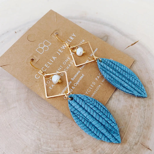 Dane Denim Teal and Pearl Diamond Leather Earrings