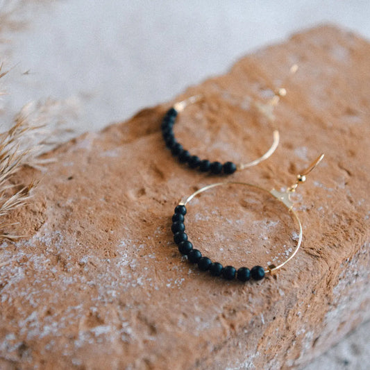 Gemstone and Gold-Plated Hoop Earrings {Black Agate}