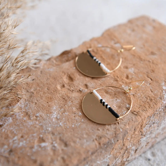 Gold Plated Half Moon & Seed Bead {Black & White}