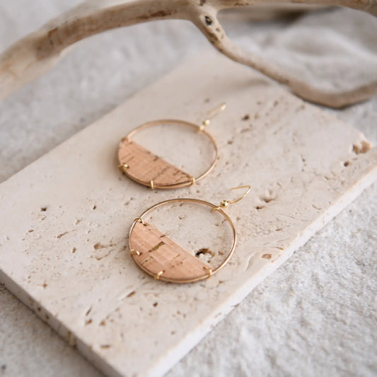 Gold Plated Hoop and Cork Half Moon Earrings
