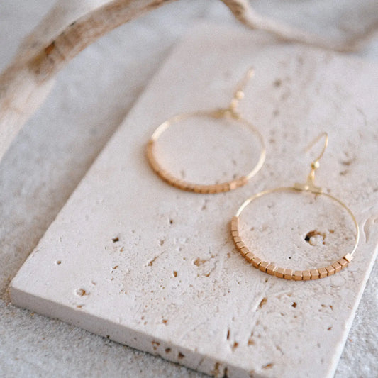Hepburn 2mm Matte Square Gold Beaded Hoop Earrings