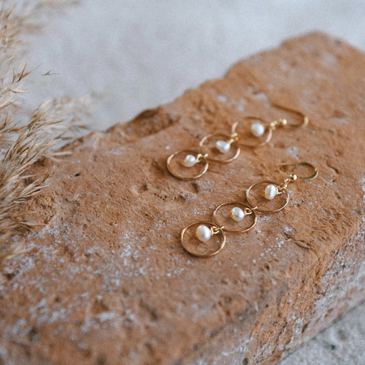 Hepburn Pearl and Gold Plated Triple Hoop Earrings