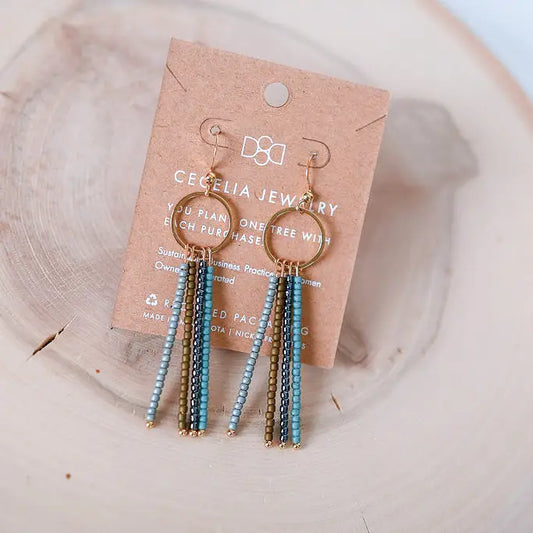 Seed Bead Fringe and Gold Hoop Earrings {Peacock}