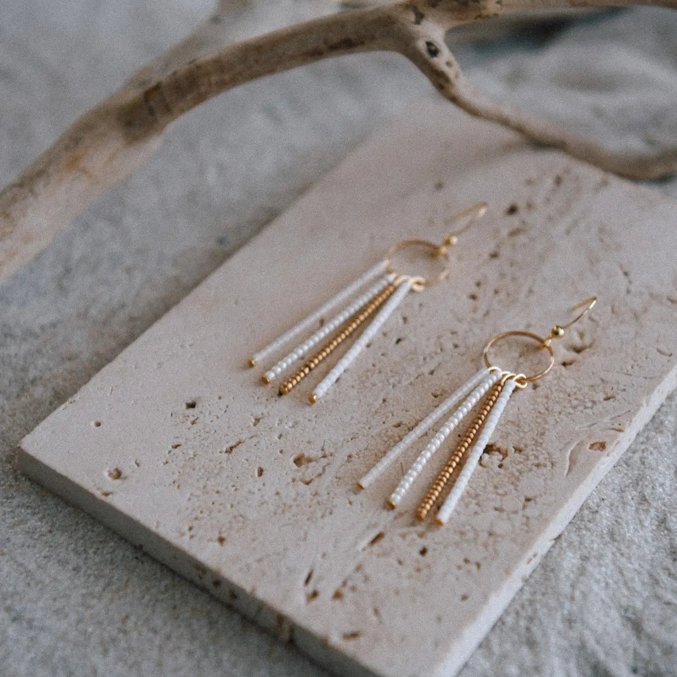 Seed Bead Fringe and Gold Hoop Earrings {Snowflake}